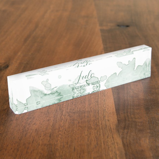 Green Watercolor Personalized Desk Name Plate (Side)