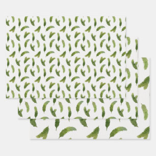 Green Watercolor Pine Tree Branches Christmas Wrapping Paper Sheet