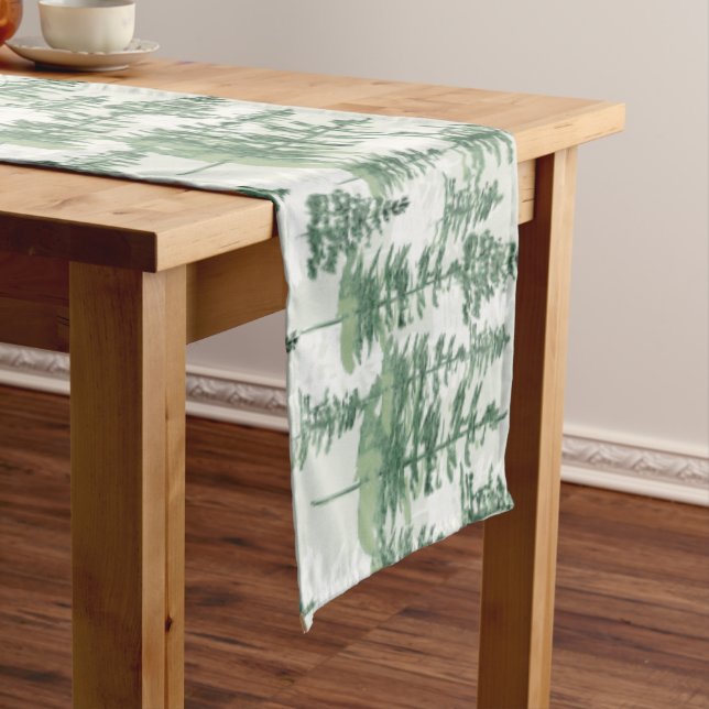 Green Watercolor Pine Trees whimsical Christmas Long Table Runner (In Situ)