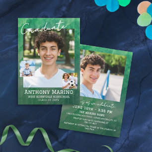 Green Watercolor Pinstripes Photo Graduation Party Invitation