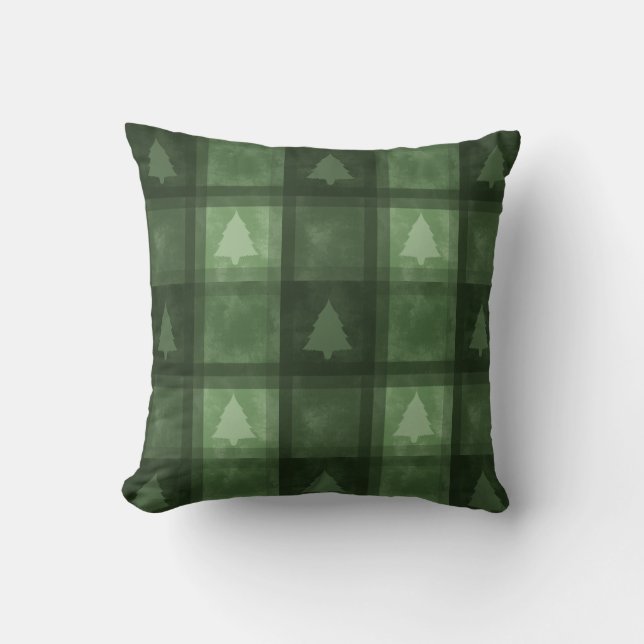 Green Watercolor Plaid And Fir Trees Christmas Throw Pillow (Front)