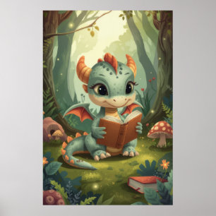 Green Watercolor Reading Baby Dragon Woodland  Poster