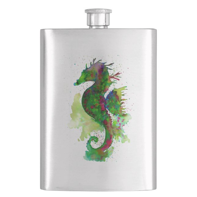 Green Watercolor Seahorse Hip Flask (Front)
