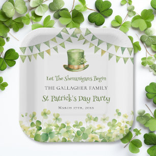 Green Watercolor Shamrock St Patrick's Day Party Paper Plate