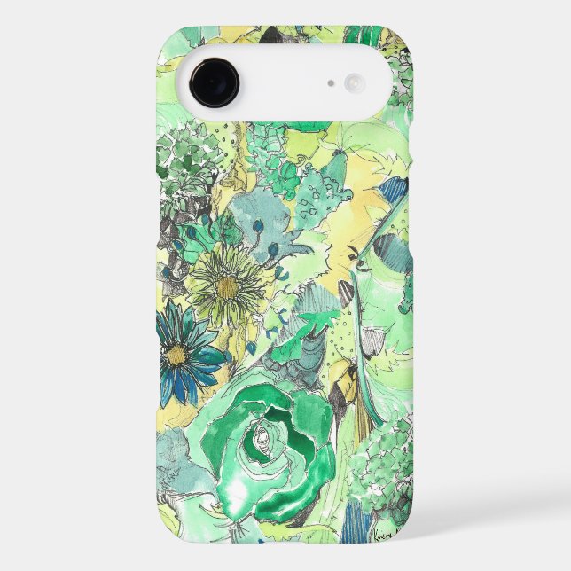 Green Watercolor Sketched Blooms iPhone Case (Back)