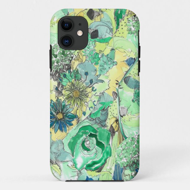 Green Watercolor Sketched Blooms iPhone Case (Back)
