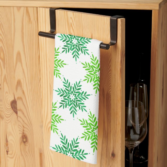 Green Watercolor Snowflake Pattern Kitchen Towel (Thirds Fold)
