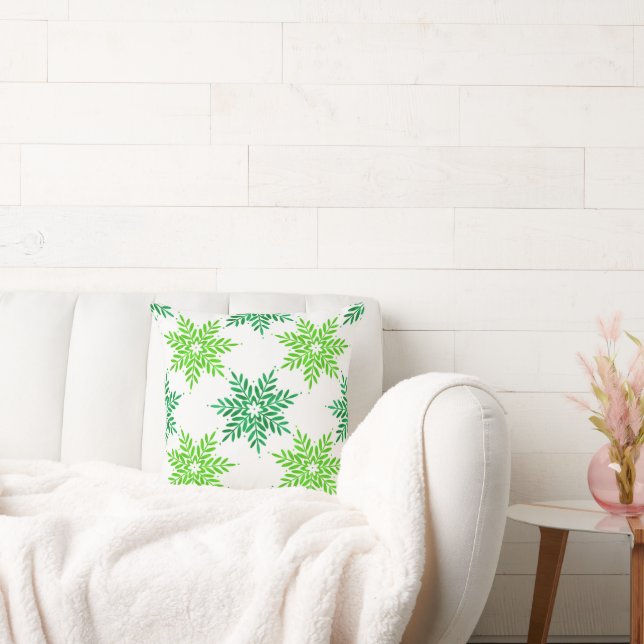 Green Watercolor Snowflake Pattern   Throw Pillow (Couch)