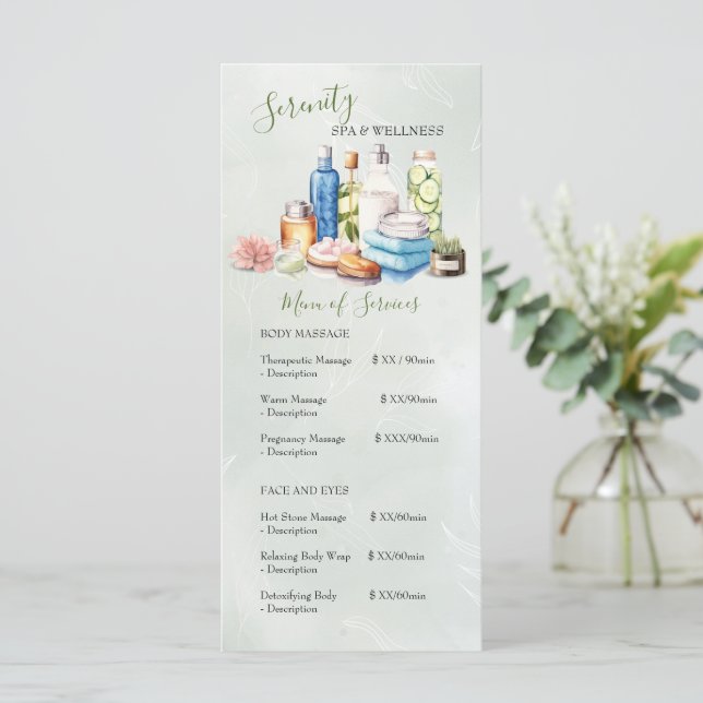 Green Watercolor Spa and Wellness Centre Price Menu (Standing Front)