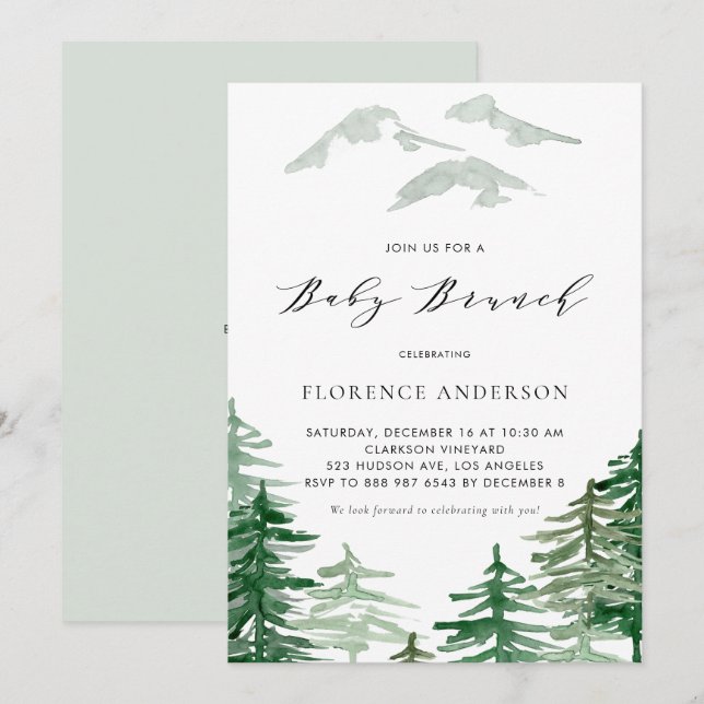 Green Watercolor Spring Woodland Baby Brunch Invitation (Front/Back)