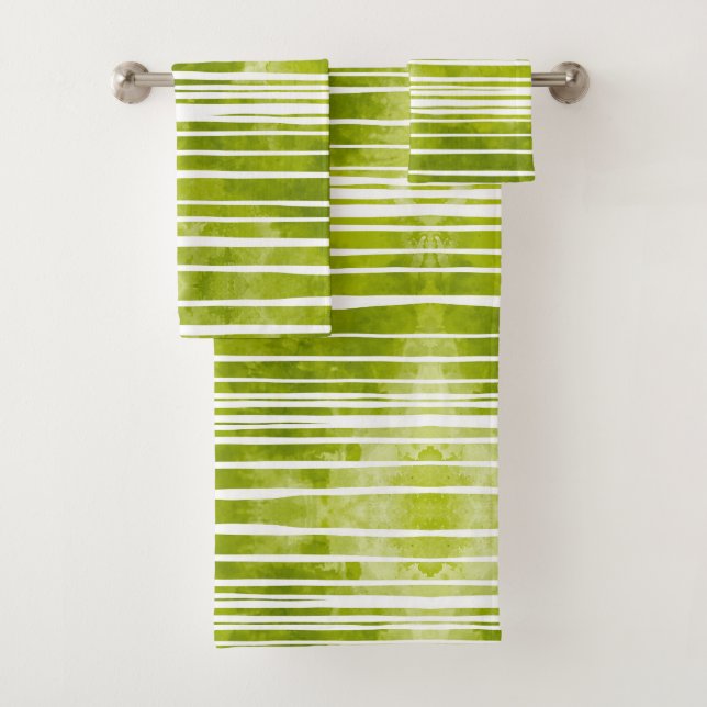 Green Watercolor Striped Modern Bath Towel Set (Insitu)