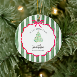 Green Watercolor Stripes Baby First Christmas Ceramic Ornament