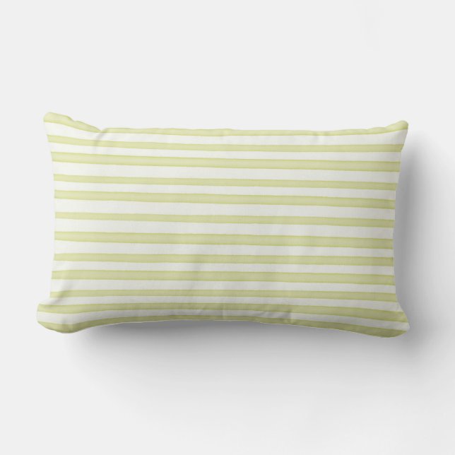 Green watercolor stripes on white lumbar pillow (Front)