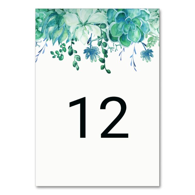 Green Watercolor Succulents Table Number Cards (Front)