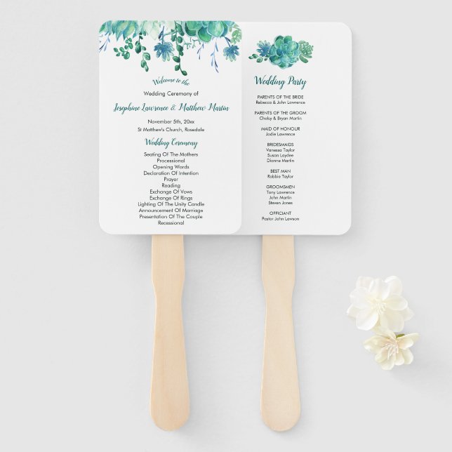 Green Watercolor Succulents Wedding Programs Hand Fan (Front and Back)