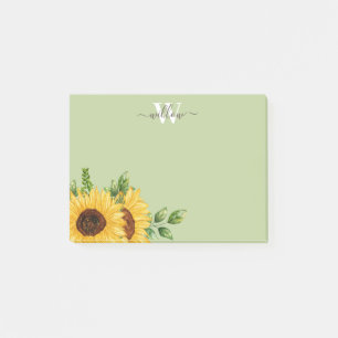 Green Watercolor Sunflower with Monogram Post-it Notes