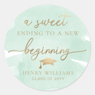 Green Watercolor Sweet New Beginning Graduation Classic Round Sticker