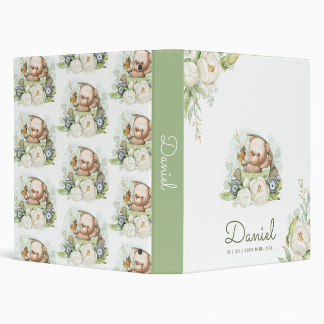 Green Watercolor Teddy Bear Personalized Baby Boy Binder (Background)