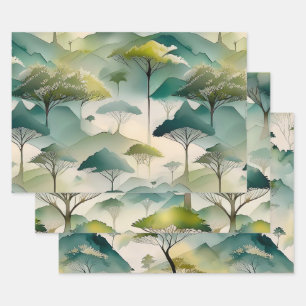 Green Watercolor Themed Trees And Hill Landscape  Wrapping Paper Sheet