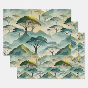Green Watercolor Themed Trees And Hill Landscape Wrapping Paper Sheet