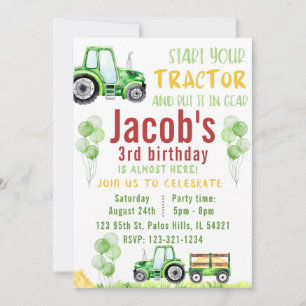 Green watercolor tracktor birthday invitation
