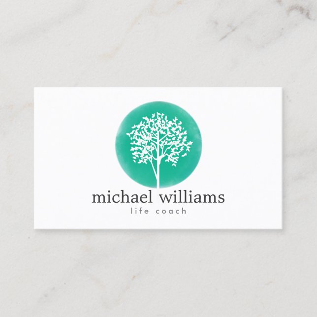 Green Watercolor Tree Life Coach, Counsellors Business Card (Front)