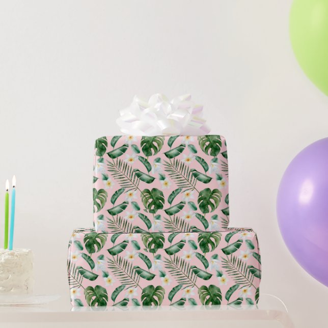  Green Watercolor Tropical Leaves White Flowers  Wrapping Paper (Party Gifts)