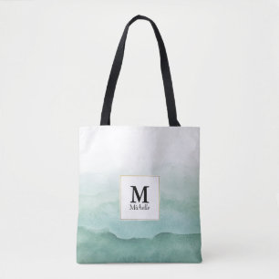 Green Watercolor Waves Monogram Tote Bag
