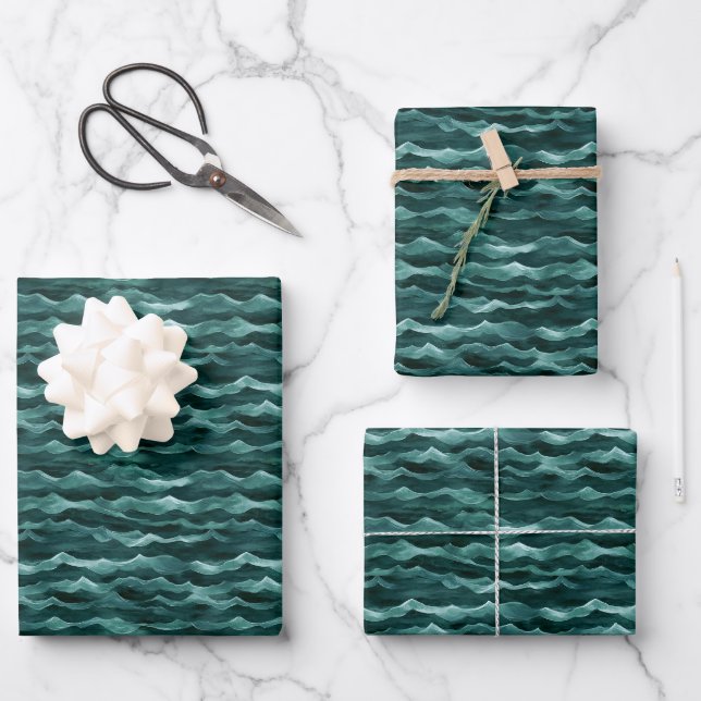 Green Watercolor Waves Wrapping Paper Sheet (Front)
