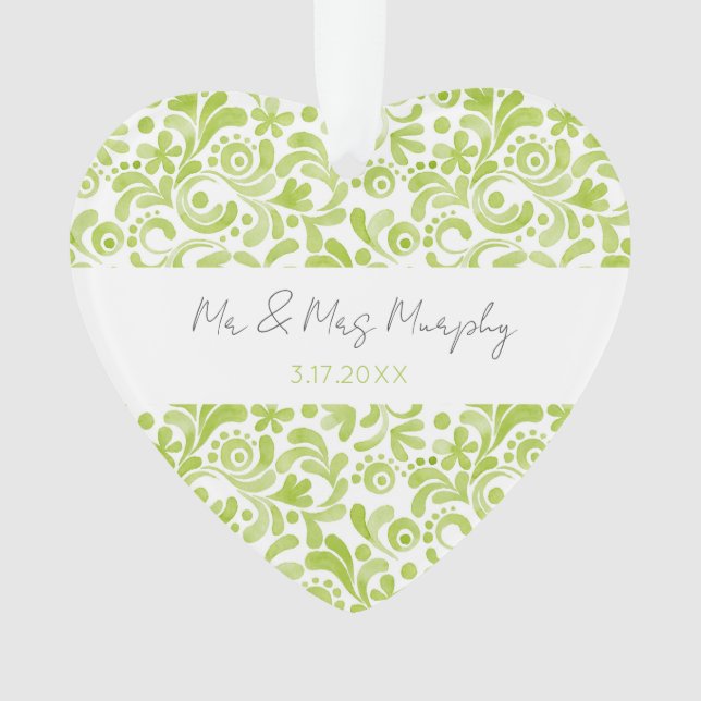 Green Watercolor Wedding NAME DATE Sweet Heart Ornament (Front)