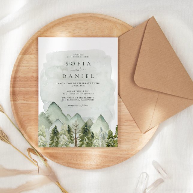 Green Watercolor Winter Mountain Trees Wedding Invitation (Creator Uploaded)