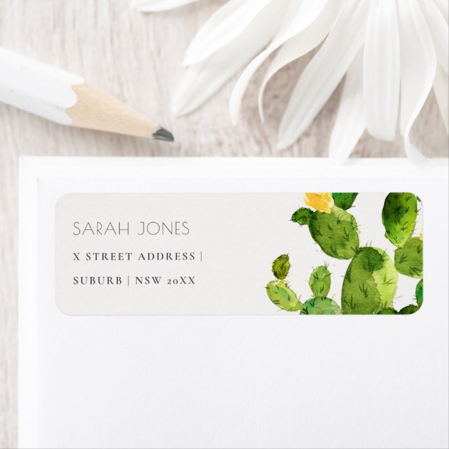 GREEN WATERCOLOUR DESERT CACTUS FLOWER  ADDRESS (Insitu)