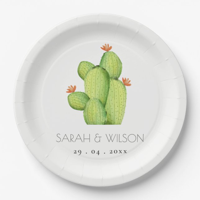 GREEN WATERCOLOUR DESERT CACTUS FLOWER  MONOGRAM PAPER PLATE (Front)