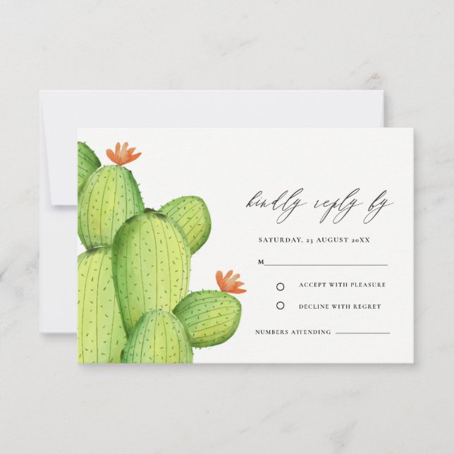 GREEN WATERCOLOUR DESERT CACTUS FLOWER  RSVP CARD (Front)