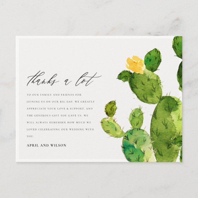 GREEN WATERCOLOUR DESERT CACTUS FLOWER  THANK YOU POSTCARD (Front)