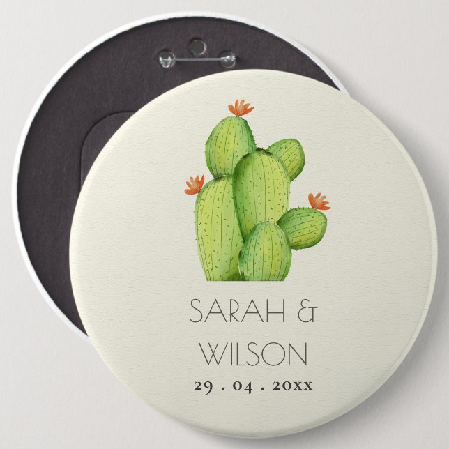 GREEN WATERCOLOUR DESERT CACTUS FLOWER  WEDDING 6 INCH ROUND BUTTON (Front & Back)