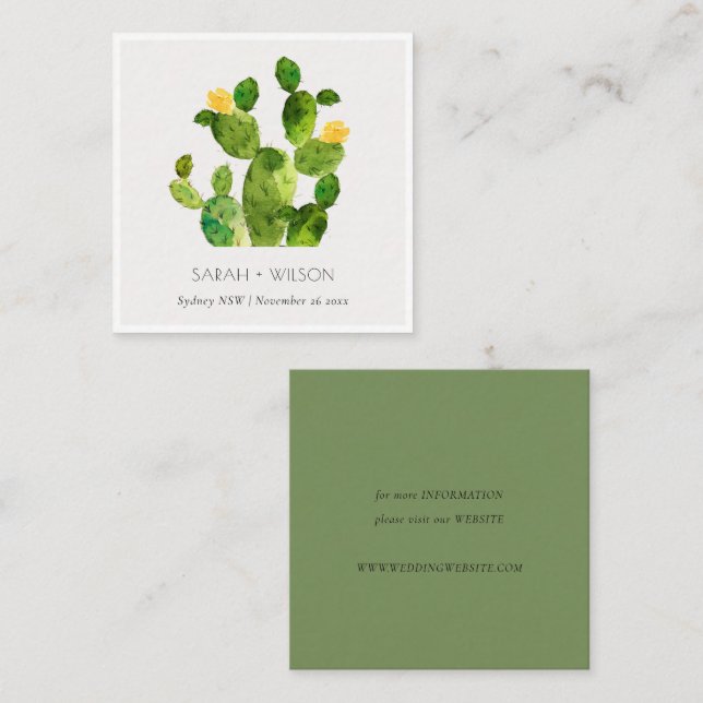 GREEN WATERCOLOUR DESERT CACTUS WEDDING WEBSITE SQUARE BUSINESS CARD (Front/Back)