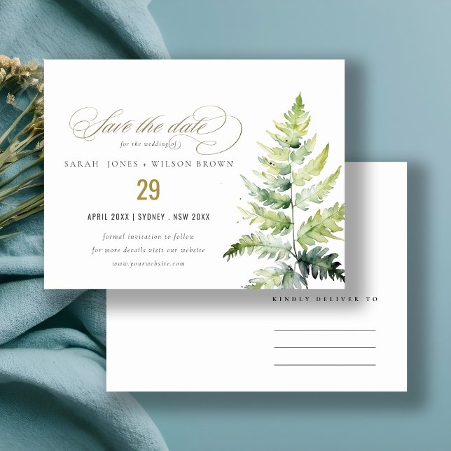 GREEN WATERCOLOUR FERN FOLIAGE Save the date Announcement Postcard (Creator Uploaded)