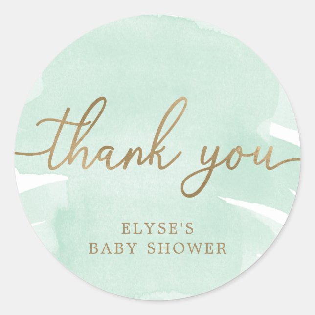 Green Watercolour Gold Baby Shower Favour Sticker (Front)
