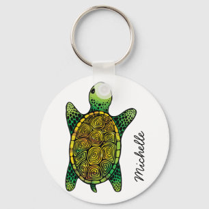 Green Watercolour Ink Drawn Turtle Keychain