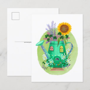 Green Watering Can Cottage Postcard