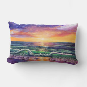 Green Wave Sunset Seascape 2 Lumbar Pillow