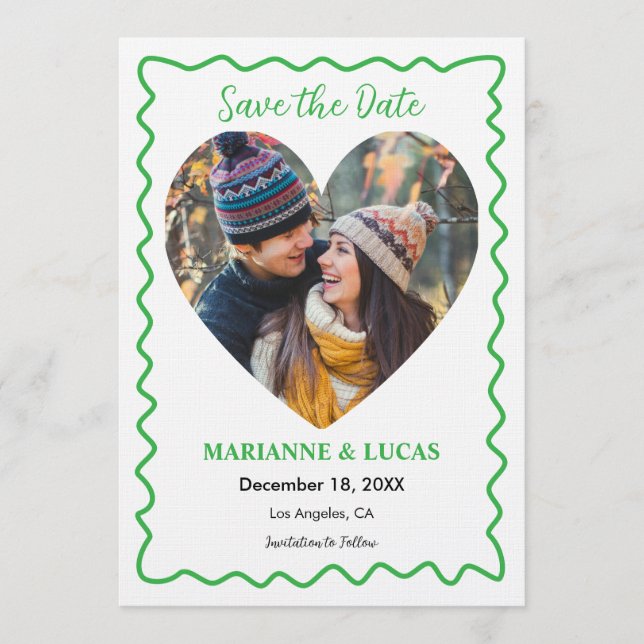 Green Wavy Frame Heart Photo Save the Date Card (Front)