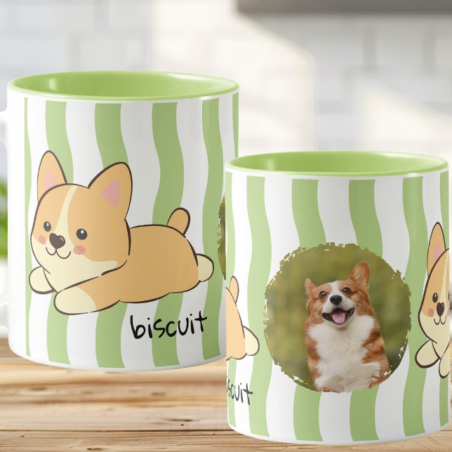 Green Wavy Stripes Corgi Photo Name Coffee Mug (Creator Uploaded)