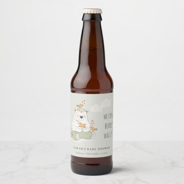 Green We Can Bearly Wait Bear Birds Baby Shower Beer Bottle Label (Front)