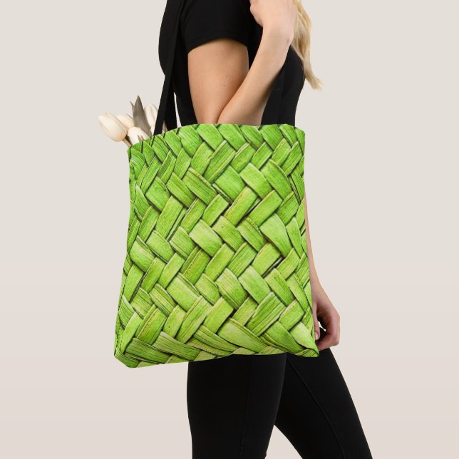 Green Weave Design Tropical Tote Bag (Close Up)