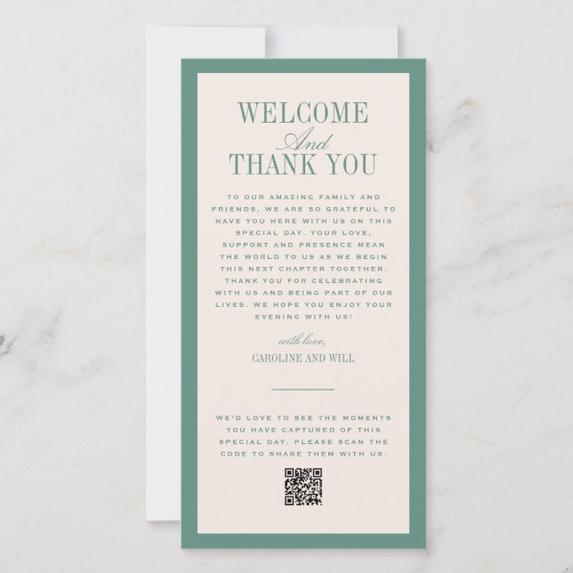 Green Wedding Ceremony or Reception Welcome Thank You Card (Front)