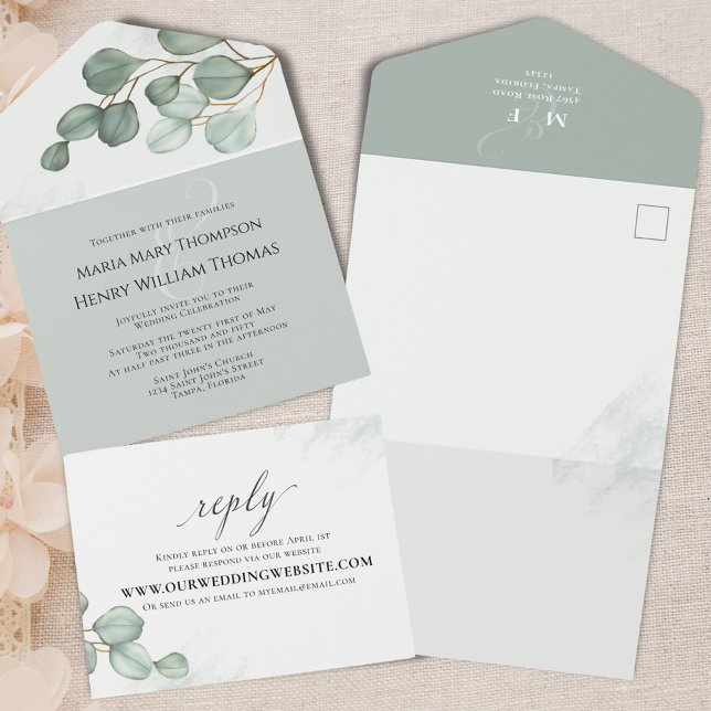 Green Wedding Eucalyptus Greenery Elegant All In One Invitation (Wedding invitation all in one style.)