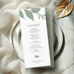 Green Wedding Foliage Menu Card<br><div class="desc">et the tone for your spring, summer, or fall celebration with this modern and simplistic wedding menu card. Featuring minimalistic botanical leaves in soft sage green, this design blends minimalistic beauty with timeless sophistication. Easily customize the template with your menu items, names, and event date, making it perfect for weddings,...</div>