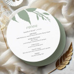 Green Wedding Foliage Round Menu Card<br><div class="desc">This modern wedding menu template is part of Do Tell A Belle's Luxury Wedding Suite. The unique round design features botanical sage green leaves. Customize them with menu items, names and event date. Perfect for weddings, a bridal shower, rehearsal dinners, engagement parties or whatever you like. A boho yet botanical...</div>